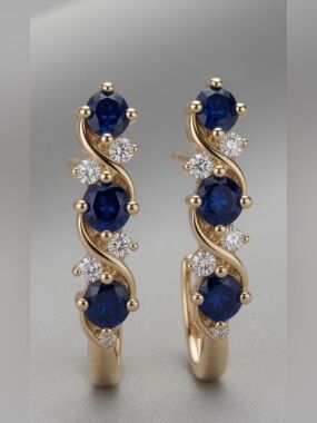 10k Gold Natural Sapphire Diamond Half Hoop Small Fine Yellow Gold Earrings